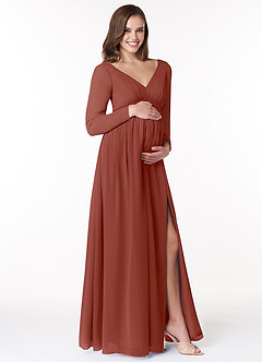 Azazie Teton Robes de demoiselle d'honneur de maternité Robe Trapèze Manche longue Longueur ras du sol Mousseline de soie image5