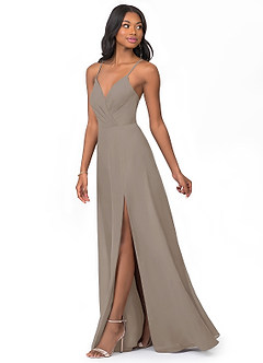 Azazie Everleigh At-home Try On Dresses Taupe A-Line Sweetheart Pleated Chiffon Dress image6
