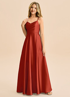 Azazie Rumi Junior Vestido de Óxido de Satén Elástico de Corte en A con Plisado image3