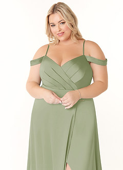 Azazie Ocean Bridesmaid Dresses Dusty Sage A-Line V-Neck Pleated Stretch Satin Dress image10