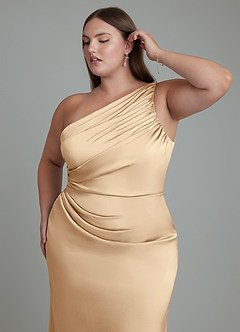 Azazie Akilah Bridesmaid Dresses Champagne Mermaid One Shoulder Stretch Satin Dress image6