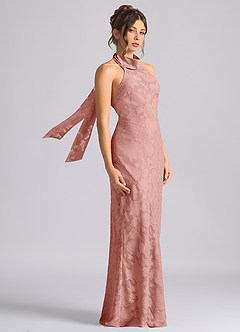 Azazie Velli Vestidos de damas de honor Vestido de Rosetón de Devorado Floral de Corte Sirena con Cuello Alto image4