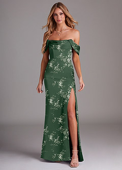 Azazie Saige Bridesmaid Dresses Eucalyptus Garden Floral Sheath Off the Shoulder Stretch Satin Dress image3