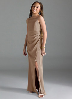 Azazie Leonis Junior Linia A Pofałdowany Satyna elastyczna Długość podłogi Młodsza druhna Sukienka image4