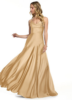 Azazie Kayla Bridesmaid Dresses Gold Sheath Side Slit Stretch Satin Dress image3