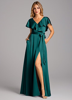 Azazie Lainey Bridesmaid Dresses Peacock A-Line with Pockets Stretch Satin Dress image4
