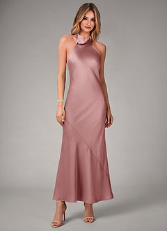 Azazie Velli 신부 들러리 드레스 쉬스 하이넥 스트레치 새틴 발목 길이 드레스 image4