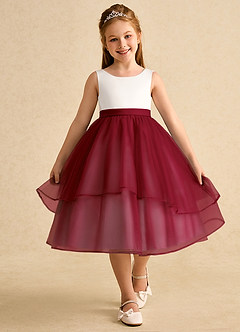 Azazie Rene vestidos de niña de las flores Vestido de Marfil Burdeos de Tul de Corte En A con Lazo image4