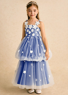 Azazie Teacup Flower Girl Dresses Ivory Royal Blue Ball-Gown Lace Tulle Dress image8