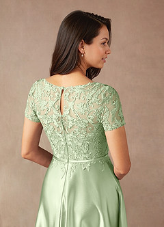 Azazie Adina Mother of the Bride Dresses Dusty Sage A-Line Lace Metallic Satin Dress image5