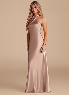 Azazie Doretta Bridesmaid Dresses Taupe Mermaid Bow Metallic Satin Dress image4