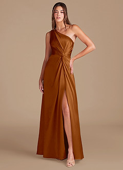 Azazie Brooke Bridesmaid Dresses Copper A-Line One Shoulder Metallic Satin Dress image1