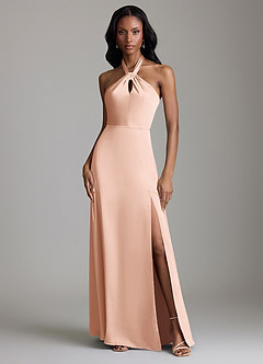 Azazie Tracie Bridesmaid Dresses Rose Gold A-Line Side Slit Stretch Satin Dress image1
