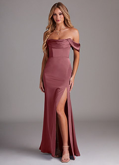 Azazie Saige Bridesmaid Dresses Desert Rose Sheath Off the Shoulder Stretch Satin Dress image1