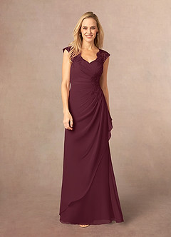 Azazie Gladys Cabernet A-Line Queen Anne Lace Chiffon Dress | Azazie