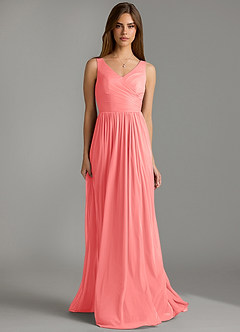 Azazie Keyla Bridesmaid Dresses Coral A-Line Pleated Mesh Dress image4
