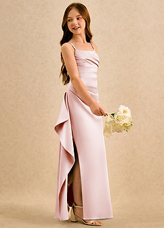 Azazie Cannoli Girls Formal Blomsterpigekjoler A-Line Plisseret Mat satin Gulv-længde Kjole image4