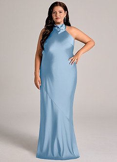 Azazie Velli Suknie dla druhen Syrena Wysoka Kołnierz Satyna elastyczna Do ziemi Sukienka image7