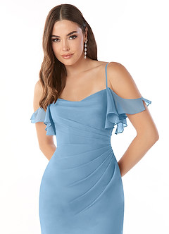 Azazie Emeralda Bridesmaid Dresses Steel Blue Sheath Off the Shoulder Chiffon Dress image6