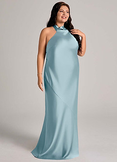 Azazie Velli Vestidos de damas de honor Vestido de Azul Malhumorado de Satén Elástico de Corte Sirena con Cuello Alto image10