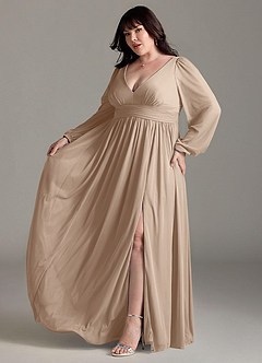 Azazie Norah Brautjungfernkleider A-Linie Lange Ärmel mit V-Ausschnitt Chiffon Kleid Taupe image10