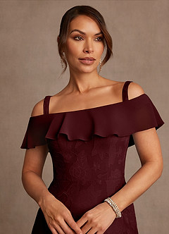 Azazie Marina Mother of the Bride Dresses Cabernet A-Line Off the Shoulder Floral Burnout Dress image4