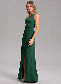Azazie Feby Vestidos de damas de honor Vestido de Verde Oscuro de Satén Elástico de Corte en A con Hombro unilateral image4