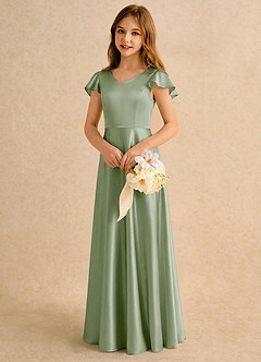 Azazie Nari Girls Formal Robe Demoiselle D'honneur Fillette Robe Trapèze en Satin extensible avec manches Vert Sauge image4