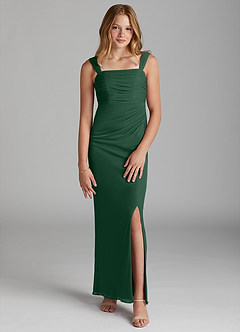 Azazie Jesaphine Junior Dark Green Sheath Pleated Mesh Dress image1