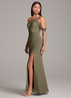 Azazie Wynter At-home Try On Dresses Dusty Blue Sheath Off the Shoulder Chiffon Dress image3