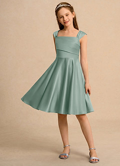 Azazie Budle Girls Formal Flower Girl Dresses Silver Sage A-Line Pleated Matte Satin Dress image3