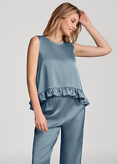 front Ruffled Sleeveless Satin Pajama Set