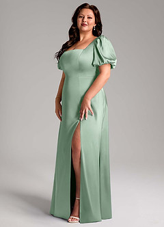 Azazie Fyona Bridesmaid Dresses Agave A-Line Pleated Stretch Satin Dress image10