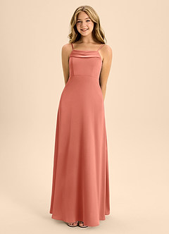 Azazie Anselie Junior Salmon Pink A-Line Off the Shoulder Stretch Satin Dress image4