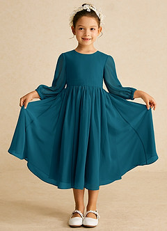 Azazie Lolo Robe Demoiselle D'honneur Fillette Robe Trapèze en Mousseline de soie avec manches Bleu Encre image3