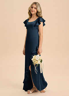 Azazie Demi Junior Dark Navy Mermaid Bow Stretch Satin Dress image4