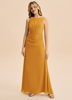 Azazie Floris Junior Robe Trapèze en Mousseline de soie Plissée Caramel écossais image4