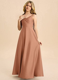 Azazie Bug Junior Robe Trapèze en Satin extensible Plissée Bronze image3