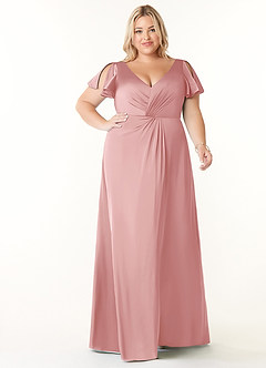 Azazie Soren Robes de demoiselle d'honneur Robe Trapèze en Satin extensible Plissée Rose Poudré image15