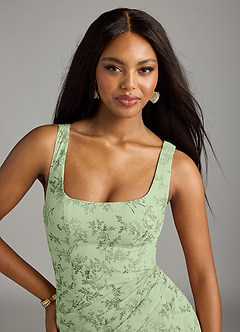 Azazie Mero Bridesmaid Dresses Green Fern Floral Sheath Pleated Chiffon Dress image8