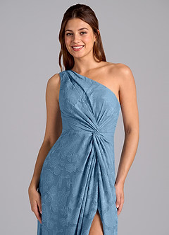 Azazie Brooke Jurken voor bruidsmeisjes Jurk van Bloemen Burn-out met A-Lijn One-Shoulder Staal Blauw image6