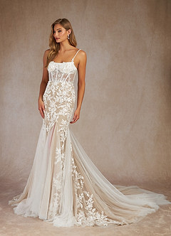 Azazie Bae Wedding Dresses Diamond White Nude Mermaid Sequins Tulle Dress image4