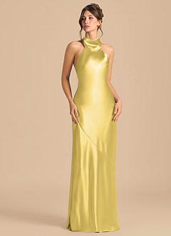 Azazie Velli Robes de demoiselle d'honneur Robe Fourreau en Satiné métallisé Col Haut Canari image2