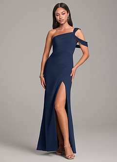 Azazie Wynter Bridesmaid Dresses Dark Navy Sheath Off the Shoulder Chiffon Dress image1