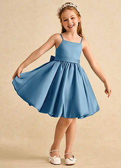 Azazie Davine Blumenmädchenkleider A-Linie Spaghetti Riemen Matte Satin Kleid Stahlblau image2
