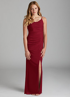 Azazie Deandra Junior Burgundy Sheath Mesh Dress image1