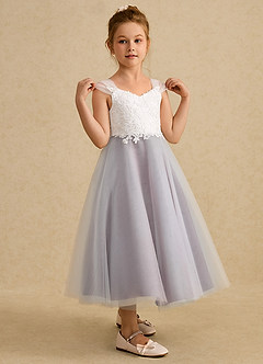 Azazie Momo Flower Girl Dresses Ivory Dusty Rose A-Line Lace Dress image5