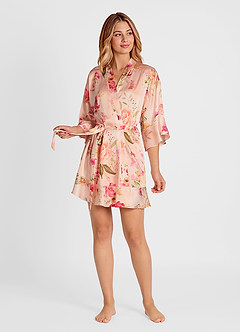 front Ruffled Printed Satin Bathrobe