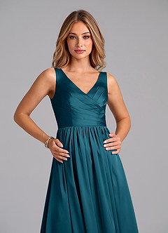 Azazie Keyla Bridesmaid Dresses Ink Blue A-Line Pleated Stretch Satin Dress image2