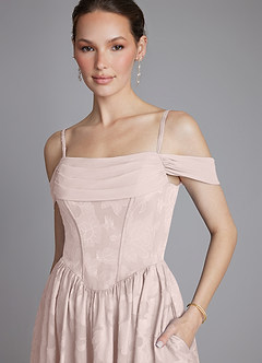 Azazie Raisa Bridesmaid Dresses Blushing Pink A-Line Off the Shoulder Floral Burnout Dress image3